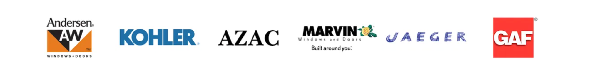 Andersen Windows and Doors, Kohler, AZAC, Marvin Windows and Doors, Jaeger, and GAF